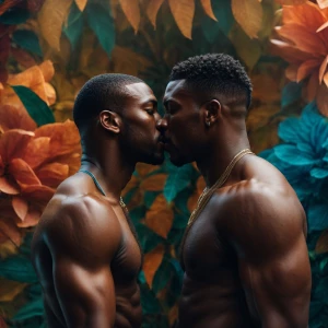 Two muscular African American men sharing a loving kiss.