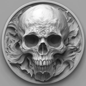 Design a grayscale 3D bas-relief of a sinister-looking skull wit...