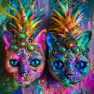 Two cat faces designed in the shape of pineapples, each adorned...