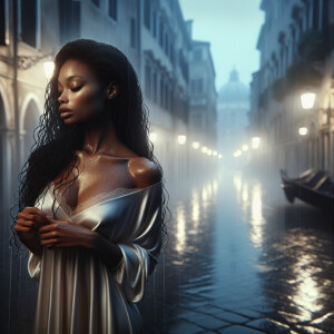 A cinematic scene featuring an African American woman with drops...