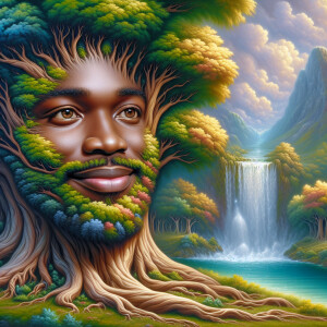 A hyper-realistic 3-D oil painting depicting a tree integrated w...