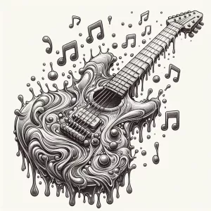 A guitar made of liquid metal flowing the music notes dripping