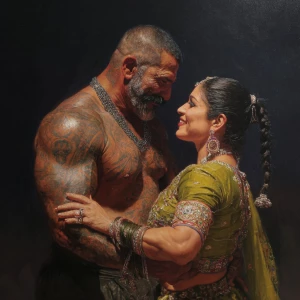 Hyperrealism painting.a muscular beefy tattoed gujarati sweaty...