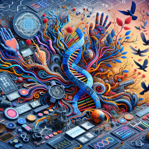 circuitry, diagrams Cellular structures, DNA, circuit boards, colorful wires,  asian and Egyptian  graffiti, lie detector graphs, cardio, printout , branches infinity sign, cave, Art, handprints, distant birds flying, flowering vines, abstract gestural painting, dna