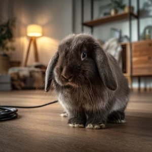 A realistic scene of a dark brown dwarf apartment rabbit with dr...