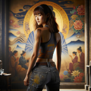 Athletic Thin skinny Attractive, Asian teenage girl, long brown hair and bangs, wearing tight skinny jeans and a halter top paint marks on her clothing, heroic pose Asian graffiti background, backside view