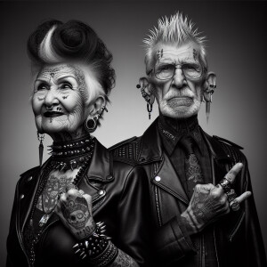 Expressive Pixar-style cartoon of a seventy-year-old punk lady a...