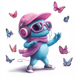 ChillGuy, a playful and inventive blue monster character wearing...