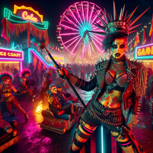 "Imagine a vibrant, chaotic scene set in a gritty, neon-lit carn...
