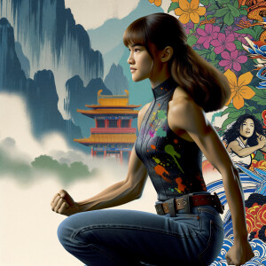 Very thin Athletic Thin skinny Attractive, Asian teenage girl, long brown hair and bangs, wearing tight skinny jeans and a halter top paint marks on her clothing, sitting side view heroic pose Asian graffiti