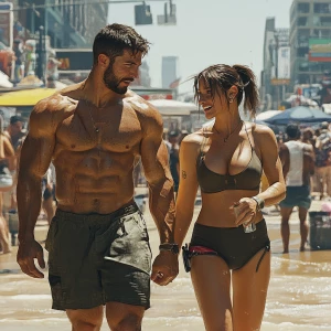 Create a photorealistic image of a muscular, perspiring man walk...