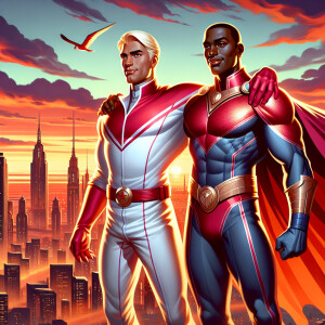 Illustrate two iconic superheroes on a city skyline during sunse...