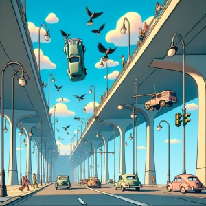 "Envision a surreal cityscape where cars drive along the sky, bi...