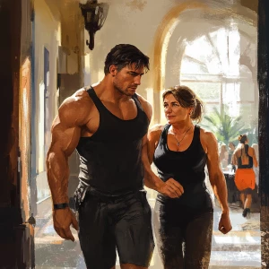 Digital ,painting.A man  muscular beefy sweat walking with his...