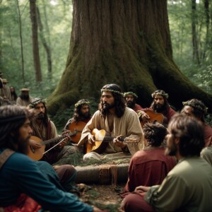 Jesus sitting in a beautiful forest playing a stringed instrumen...