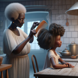 Create a realistic 3-D image of an african-American grandmother in the kitchen with her african-American granddaughter. The grandmother has a hot comb in her hair and she is straightening her granddaughters hair. One side of her granddaughters hair is in  a Afro the other is bone straight 
There is smoke coming from the hot comb