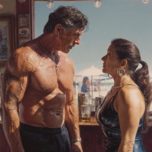 Photo Hyperrealism, painting,a muscular sweaty beefy criminal so...