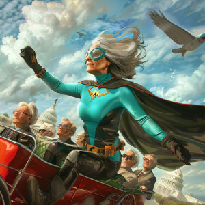 A woman with shoulder length brown with grey streaks that is of...