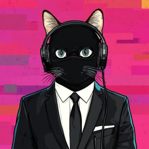 A cat dressed in a formal outfit, featuring a black suit, white...