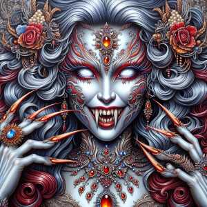 finely detailed demonic vampiress with glowing shiny silver skin...