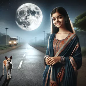 Indian girl wears churidar and a stray dog in the middle of the...