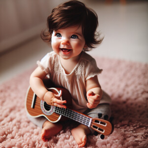 A little 7 month old baby girl with dark blonde hair and blue ey...