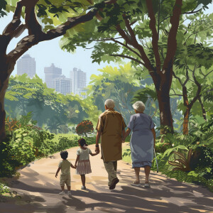 modern indian grandparents and kids going for walk in beautiful...