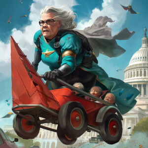 A woman with shoulder length brown with grey streaks that is sli...