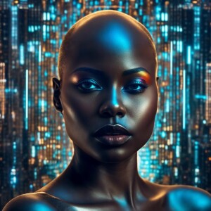 Create a computer-generated cyborg holographic image of a futuri...