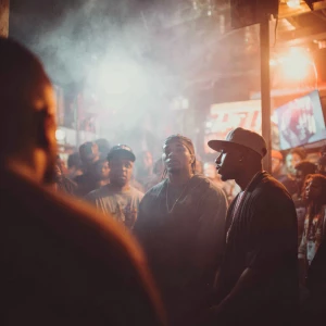 Three urban rap artists standing in a circle, preparing to perfo...