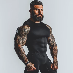 The image features a fit, bearded man with tattoos on his arms a...
