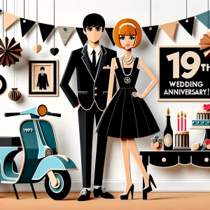 ‘Happy 19th Anniversary!’ Written
A 60s mod vibe with a tan male...