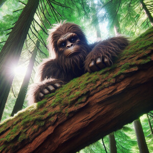 A large hairy covered humonoid looking sasquatch looking down fr...