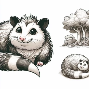Illustrate a charming opossum with a friendly expression, detail...