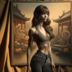 Athletic Thin skinny Attractive, Asian teenage girl, long brown hair and bangs, wearing tight skinny jeans and a halter top paint marks on her clothing, heroic pose Asian graffiti background, side view