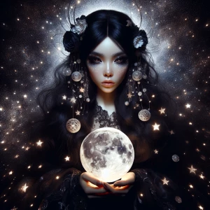 dark, evil celestial lunar moon goddess wearing a starry night g...