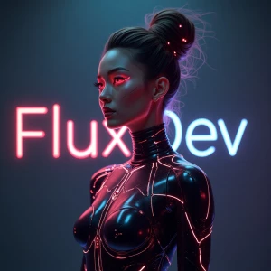 A futuristic and visually striking ["Flux Dev" text ] , A futuristic figure with a seamless blend of human and AI aesthetics, wearing an elegant, high-tech catsuit that dynamically shifts color