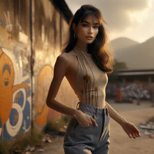 Athletic Thin skinny Attractive, Asian teenage girl, long brown hair and bangs, wearing tight skinny jeans and a halter top paint marks on her clothing, heroic pose Asian graffiti background, side view