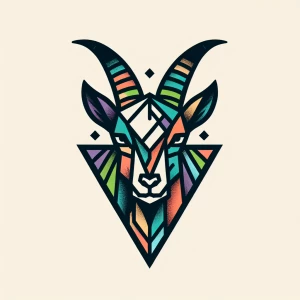 Colourful geometric tattoo of a wild goat, front on, sketch styl...