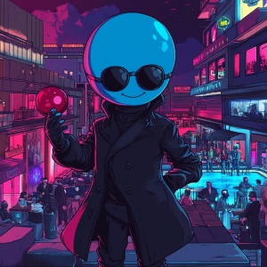 Create an image of a cartoon character with an oversized blue he...