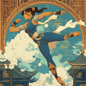 Chun-Li from Street Fighter IV in her signature blue qipao costu...