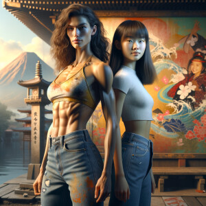 Athletic Thin skinny Attractive, Asian teenage girl, long brown hair and bangs, wearing tight skinny jeans and a halter top paint marks on her clothing, heroic pose Asian graffiti background, backside view