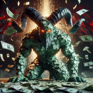 A colossal, muscular demon sculpted from swirling emerald and ob...