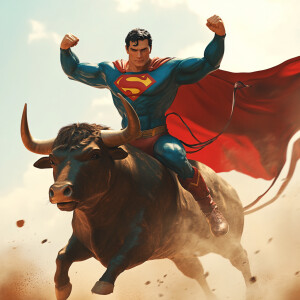 Create an 3d animated scene featuring Superman triumphantly ridi...