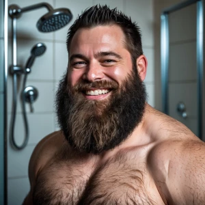 This image shows a smiling, bearded man in a bathroom setting. T...
