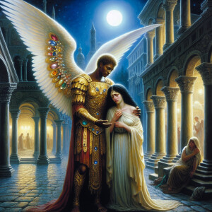 Create an oil painting image featuring a male angel and a grievi...