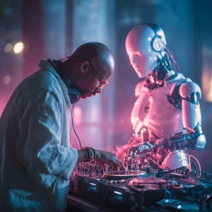 Anyma, a DJ, is positioned in front of his high-tech DJ equipmen...