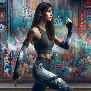 Very thin Athletic Thin skinny Attractive, Asian teenage girl, long brown hair and bangs, wearing tight skinny jeans and a halter top paint marks on her clothing, sitting side view heroic pose Asian graffiti