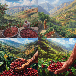 Illustrate the journey of Yemeni coffee from farm to cup. Show v...