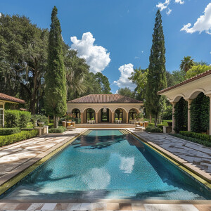 A large mansion with a pool